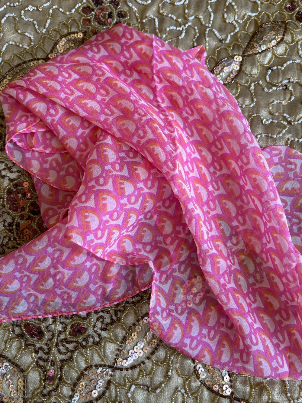 Dior Pink Multicolor Logo Silk Scarf